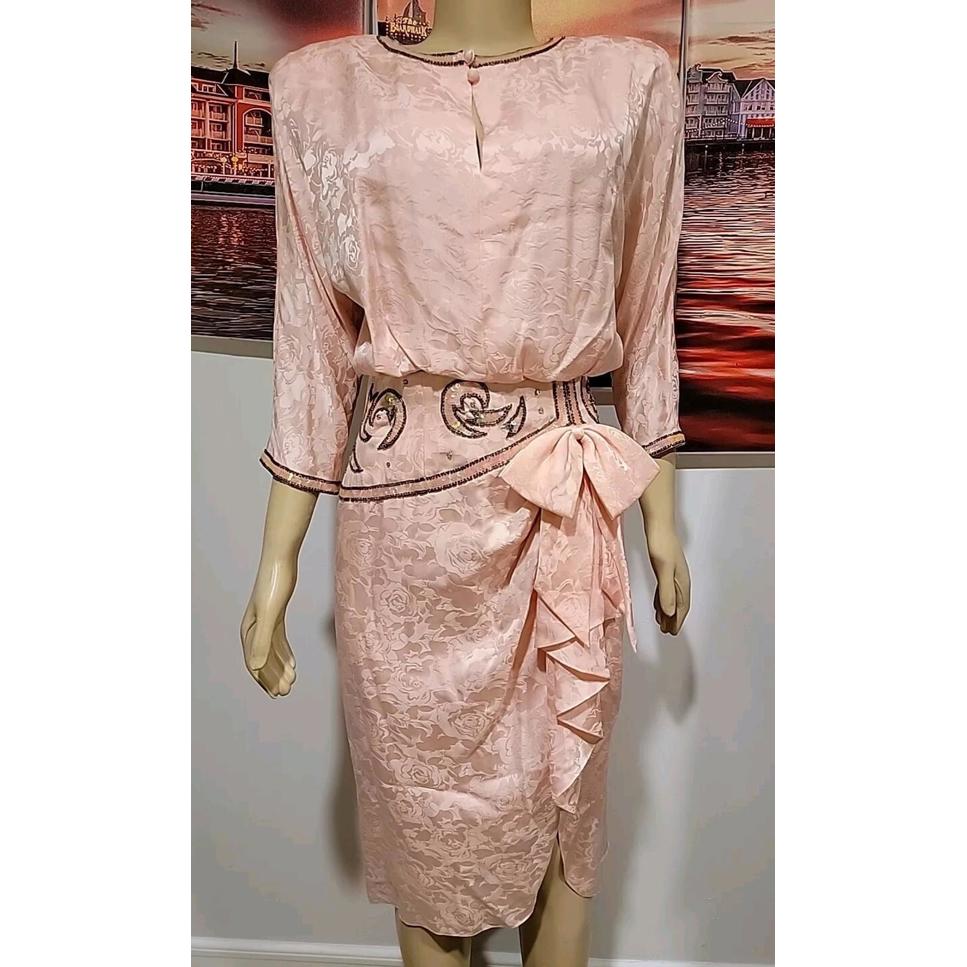 Stunning Lauren Alexandra Bohemian Vtg Pink Jacquard Sequin Ruffle Silk Dress #X